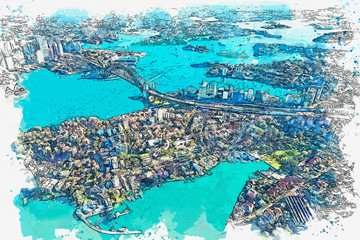 Watercolor sketch or illustration of a beautiful aerial view of Sydney in Australia. City landscape