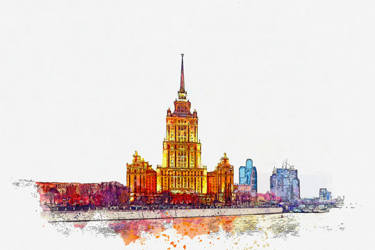 Watercolor sketch or illustration of a beautiful view of the traditional old architecture on the Kotelnicheskaya Embankment in Moscow in Russia