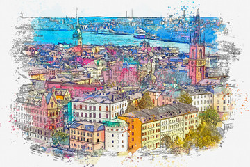 Watercolor sketch or illustration of a beautiful view of Stockholm in Sweden. Cityscape or urban skyline