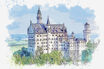 Watercolor sketch or an illustration of a beautiful view of the ancient castle Neuschwanstein in Germany - obrazy, fototapety, plakaty