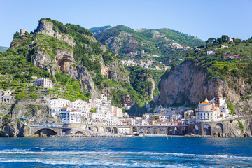 View from the sea on the cozy and cute town on the Amalfi Coast, Italy. 