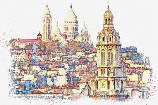 Watercolor sketch or illustration of a beautiful view in Paris in France. Sacre Coeur on top of Montmartre hill