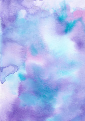 Watercolor hand drawn abstract background texture wet gradient in blue, purple and lilac colors