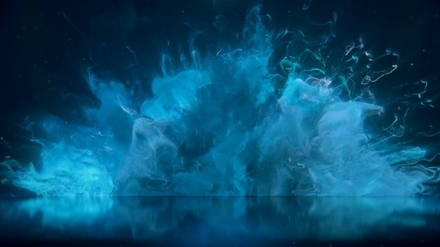 Blue Color Burst colorful smoke explosion fluid particles reflection background