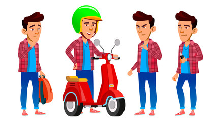 Asian Boy Set Vector. High School Child. Fast Delivery Service. Scooter. For Presentation, Invitation, Card Design. Isolated Cartoon Illustration