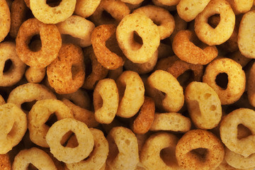 Extremely close up on cold cereals, quick breakfast for kids and adult, top view.
