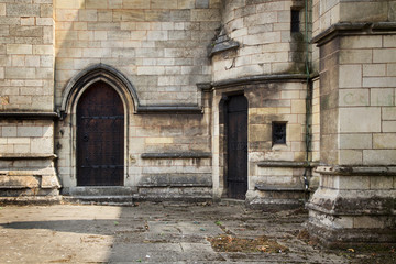 Fototapeta na wymiar Wooden door at church entrance.