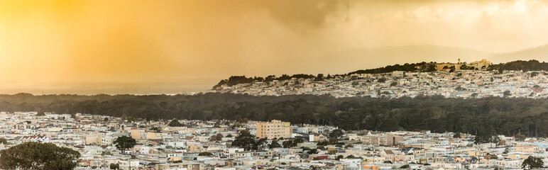 Panorama of the Sunset and Richmond districts of San Francisco at sunset.