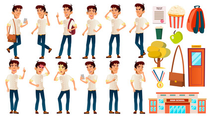 Asian Boy Schoolboy Kid Poses Set Vector. Emotional. White Shirt. High School Child. Children Study. Knowledge, Learn, Lesson. For Advertising, Placard, Print Design. Isolated Cartoon Illustration