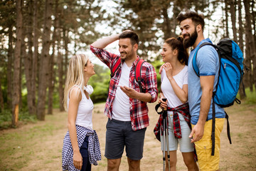 Group of four friends hiking together through a forest