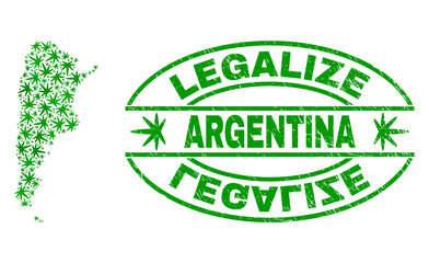 Vector cannabis Argentina map mosaic and grunge textured Legalize stamp seal. Concept with green weed leaves. Concept for cannabis legalize campaign. Vector Argentina map is formed of cannabis leaves.