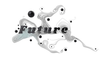 Abstract graphic composition with the word Future. behind the word are beautiful strings branching in different directions and balls. 3d illustration isilated on white