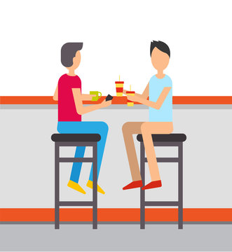 Fast food restaurant vector, people drinking soda and tea from mug and plastic cup. Friends spending time in cafe relaxing from work, male on chairs