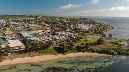 Fototapeta na wymiar Kingscote cityscape and coastline aerial view, Kangaroo Island, South Australia