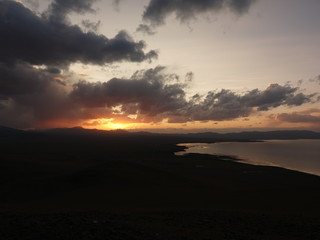 Issyk Kul at sunset. Tian Shan Of Kyrgyzstan.