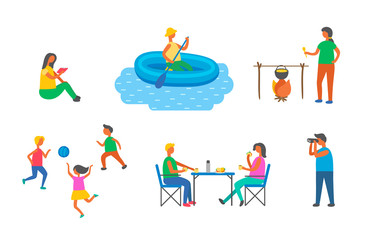 People on picnic and camping vector, pastime free time. Playing children with ball, man in inflatable ship sailing, woman reading, cooking and eating