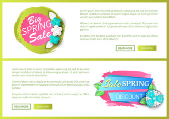 Obraz premium Big spring sale web site and banner with offers vector. Internet commerce, business of selling goods, prices off, discounts and propositions from shops