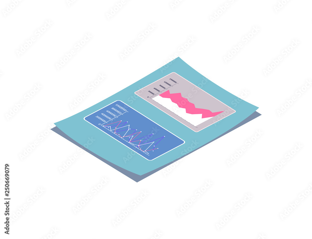 Poster documentation of business projects vector. statistics and results on paper, document with schemes an