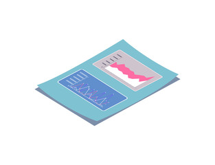 Documentation of business projects vector. Statistics and results on paper, document with schemes and growing flowcharts. Analytics report on paper