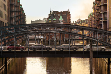 Speicherstadtat sunset.Bridge and Teekontor Watercastle