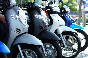 The front of the colorful motorcycles at the showroom in Thailand 2019, Motorcycles are popular...