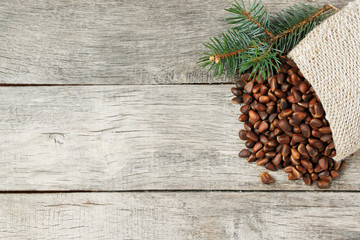 Pine nuts in a bag of burlap on an old vintage background with a fir green branch. In country style.