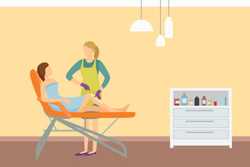 Depilation spa salon interior poster. Woman lying on chair and cosmetician making wax or sugaring epilation on legs. Procedure of removing unnecessary hair