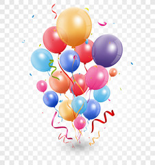 Colorful birthday balloon with bunting flags and confetti