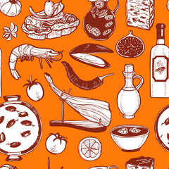 Dark Pattern with Spanish Food in Hand-Drawn Style
