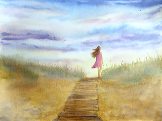 Watercolor hand drawn illustration seascape with girl walking along the beach in the evening. 
