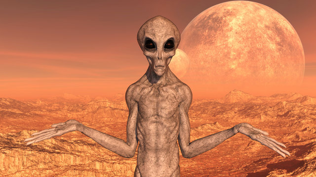 Illustration of a gray alien with arms in a whatever gesture with moons in the background on a red world.