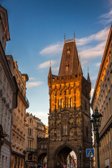 Fototapeta na wymiar The Powder Tower at sunset. A city gate into the Old Town in Prague, Czech Republic, Europe.