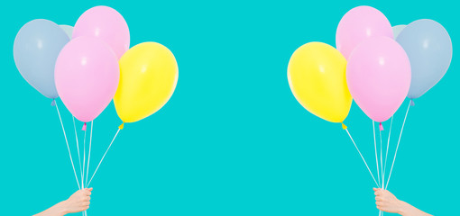 set Hand hold colorful balloons on background - copy space