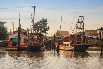 Samut Prakan, Thailand - March 25, 2017: Local ferry pier across Chao Phraya River at Phra Samut Chedi district, Samut Prakarn, Thailand.