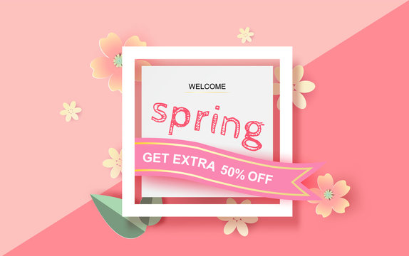 3D Paper art and craft of Floral rectangle frame with place for text. Spring season concept with flowers and balloon of pastel sweet tone color.Lovely flowers with colorful frame.vector illustration