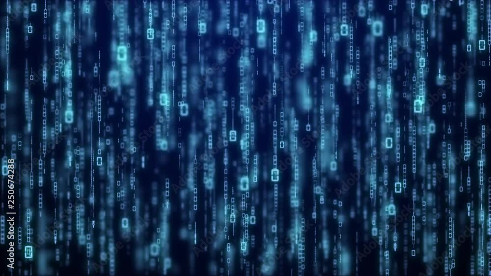 Poster matrix byte of binary data rian code running abstract background in dark blue digital style