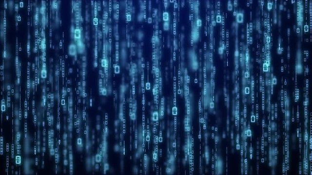matrix byte of binary data rian code running abstract background in dark blue digital style