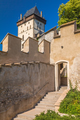 Fototapeta na wymiar Stone facades of Karlstejn royal castle, located near of Prague, Czech Republic, Europe.