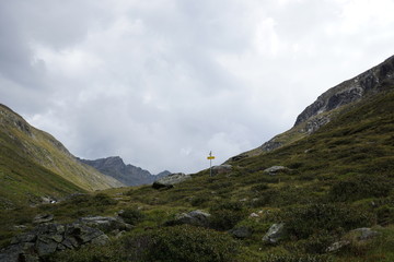 Fototapeta na wymiar Berglandschaft mit Wolken, Grün, Pflanzen, Felsen und Schnee in Sölden/ Ötztal 