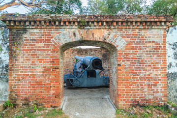 Disappearing carriage gun at Phi Sua Samut Fort, the public place in Thailand. Disappearing...