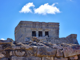 Mayan ruins and a beautiful day, blue sky with some white clouds. Caribbean coast in Tulum