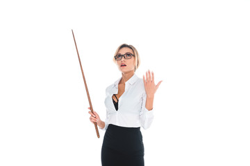 attractive teacher in black skirt and blouse with open neckline holding pointer isolated on white