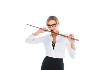 teacher in black skirt, blouse with open neckline holding pointer isolated on white