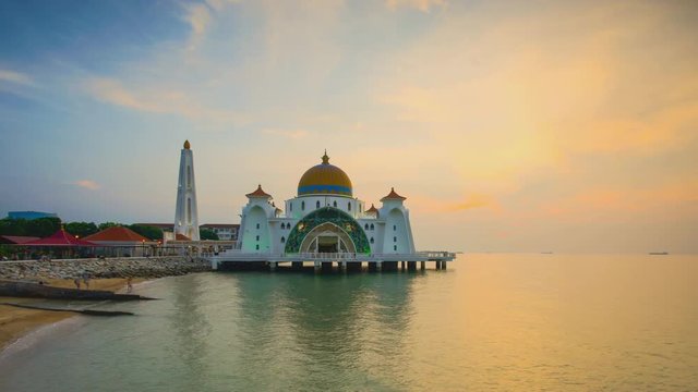 4k Timelapse of Malacca Straits Mosque during magnificent sunrise
