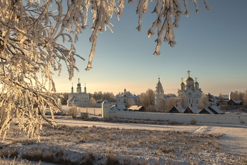 winter landscape in Suzdal with monastery buildings