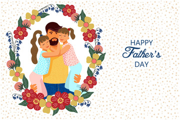 Happy fathers day. Wreath with Cute flat cartoon father and Two daughters with text. Horizontal Vector