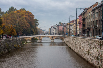 View on Latin Bridge is an Ottoman bridge over the river Miljacka in Sarajevo, Bosnia and Herzegovina.