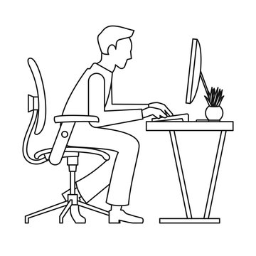 man working on computer, simple illustration outlines