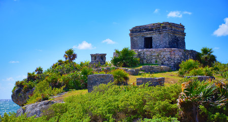 Mayan ruins and a beautiful day, blue sky with some white clouds. Caribbean coast in Tulum