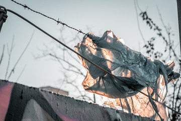 War and political refugee path. Italian beach shore, fenced borders, metal wire, holding migrants and preventing illegal trespassing. Desperation route, hope and freedom concept  for a better life.